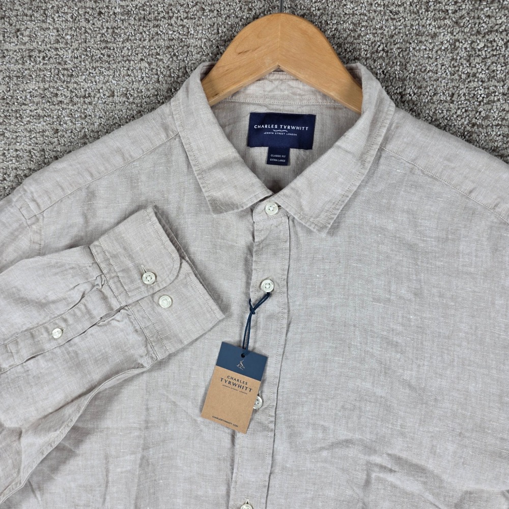 Charles Tyrwhitt Mens XL Oatmeal 100% Pure Linen Classic Fit Shirt NWT